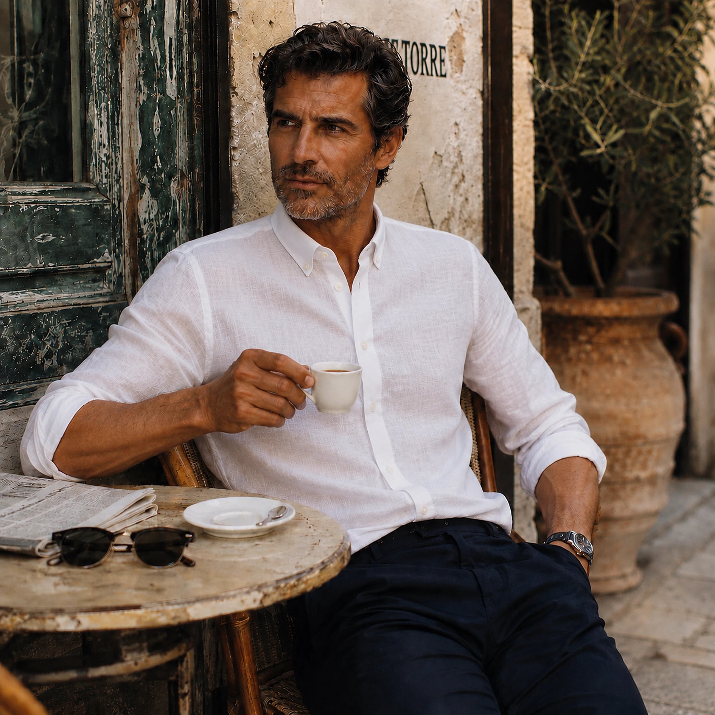 Man wearing a white FAROS linen button-down shirt at an outdoor café
