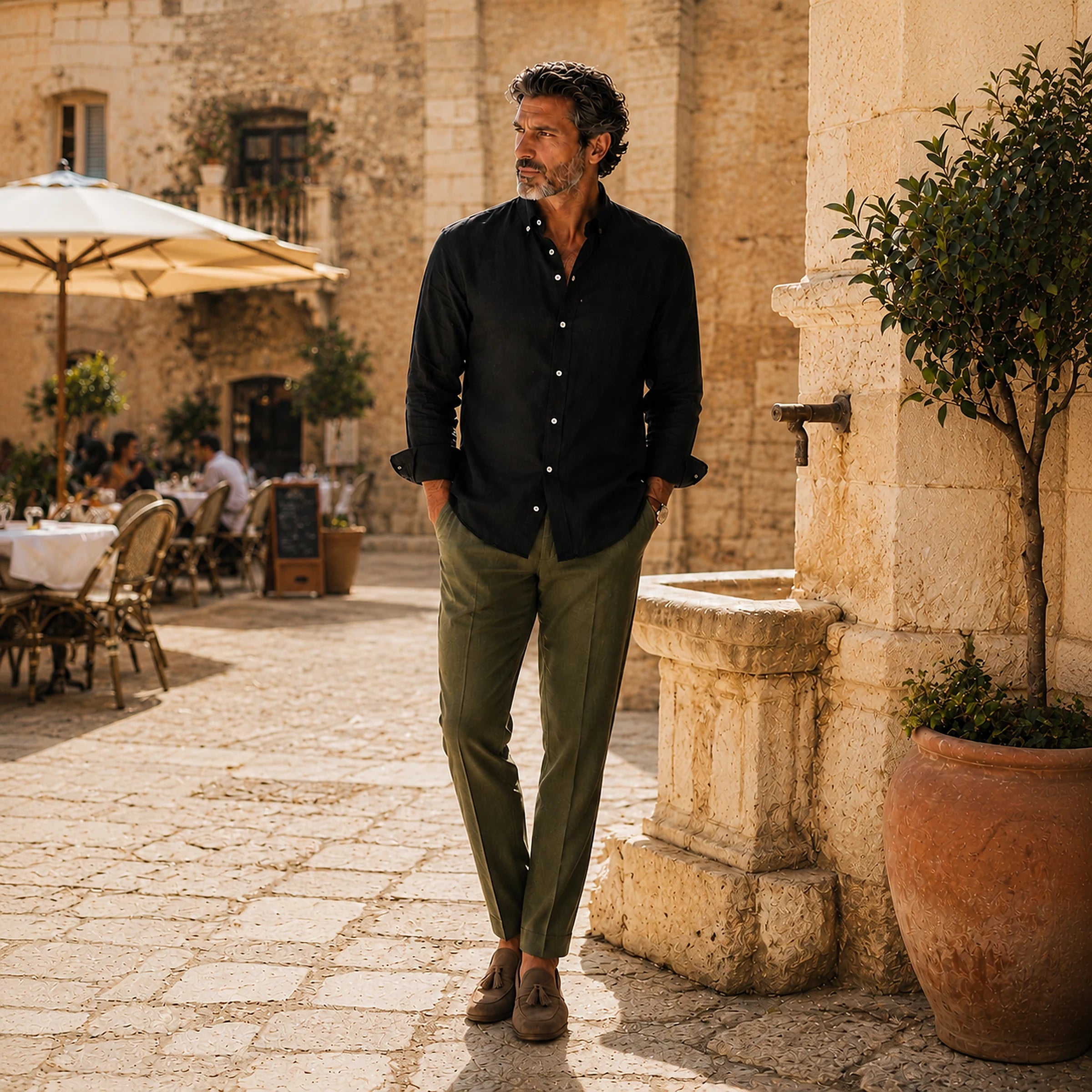 Man wearing a black FAROS linen button-down shirt with olive trousers in a Mediterranean village